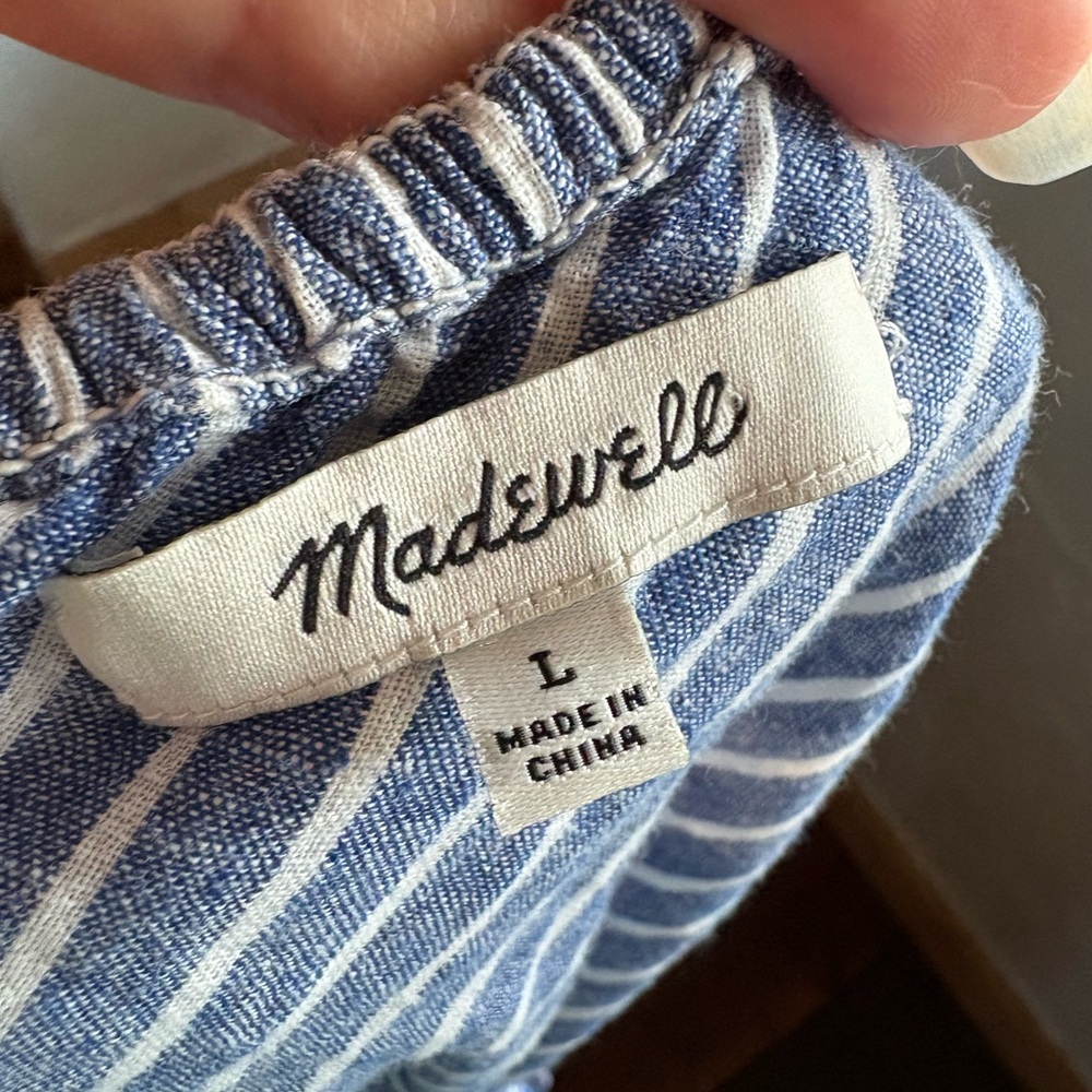Madewell blue White one shoulder striped mini dress linen cotton blend sz L - Picture 8 of 14